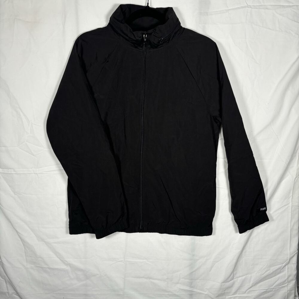 NWT Victoria Secret PINK Woman's Black Hooded Full Zip Windbreaker w/Logo Size S